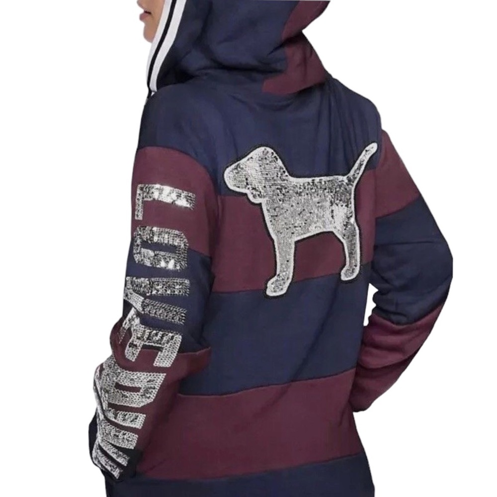 Pink VS Bling Sequin Dog Rugby Pullover Zip Hoodie Womens Large Maroon